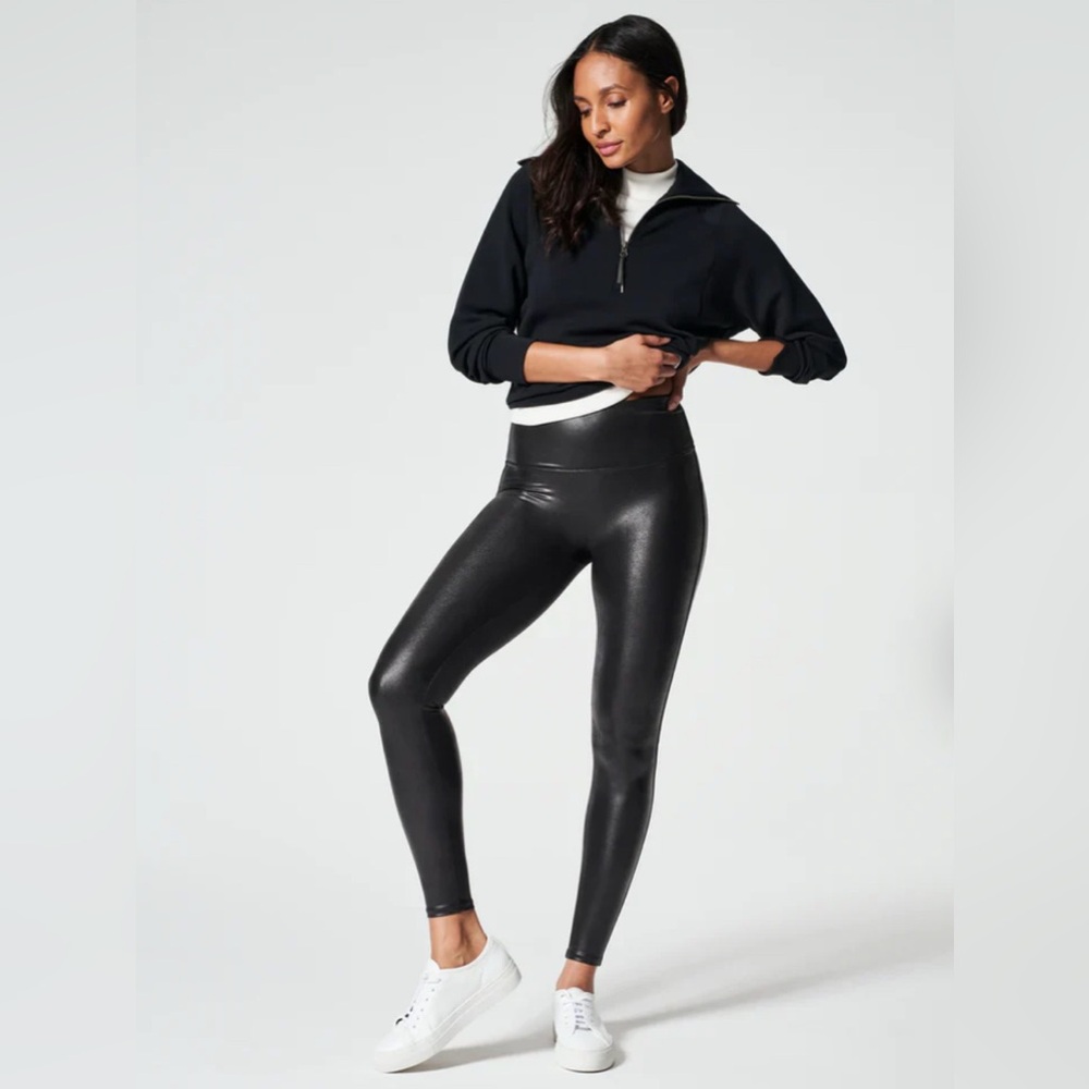 SPANX Faux Leather Shiny Leggings Black Size Small Athleisure Casual S Shaping